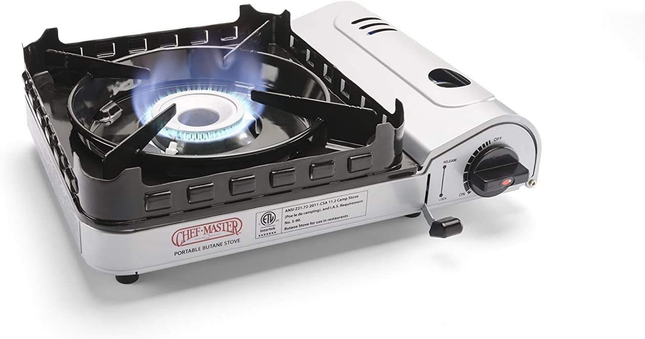 Chef Master 15,000 BTU Output Portable Butane Camping Stove, Double Wind-Guard Portable Stove Burner, Piezo Click Ignition for Emergencies, Tailgating, Hiking, Backpacking & Camping Essentials - 90019