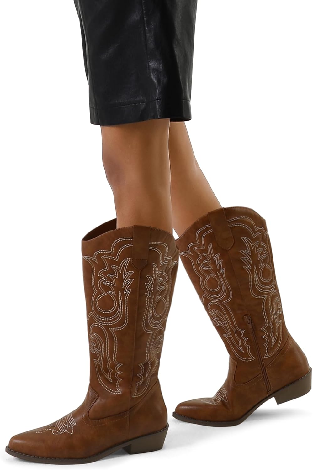 mysoft Women's Cowboy Boots Mid Calf Cowgirl Embroidered Western Pointed Toe Chunky Heel Pull On Knee High Boots - Image 3