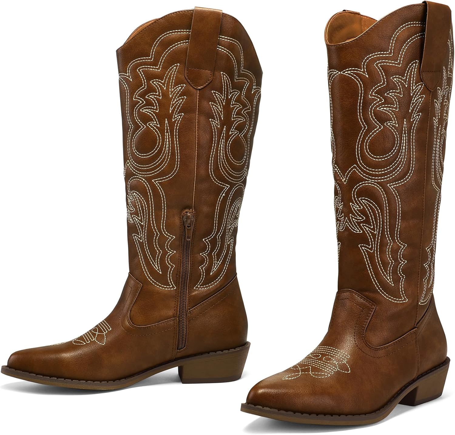 mysoft Women's Cowboy Boots Mid Calf Cowgirl Embroidered Western Pointed Toe Chunky Heel Pull On Knee High Boots - Image 4