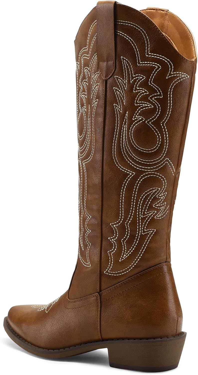 mysoft Women's Cowboy Boots Mid Calf Cowgirl Embroidered Western Pointed Toe Chunky Heel Pull On Knee High Boots - Image 5